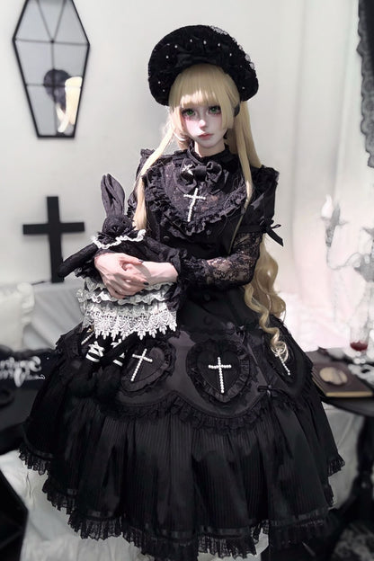 [Deadline for reservations: November 21] Night Cross Dark Elegant Gothic Lolita Pearl Ribbon Bonnet
