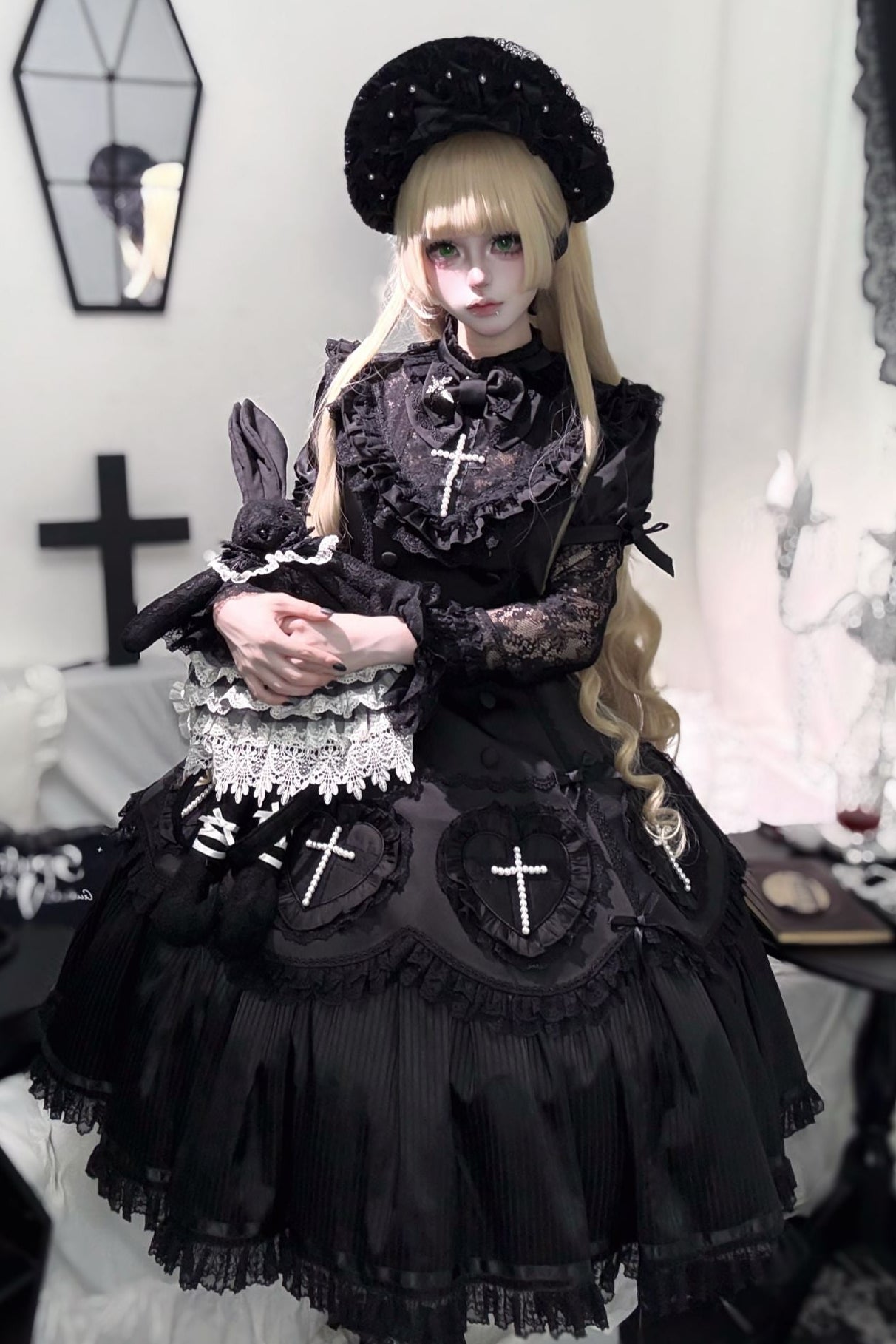 【12月12日予約締切】Night Crossダークエレガントゴシックロリータジュエルリボンケープ＋ロングドレスセット