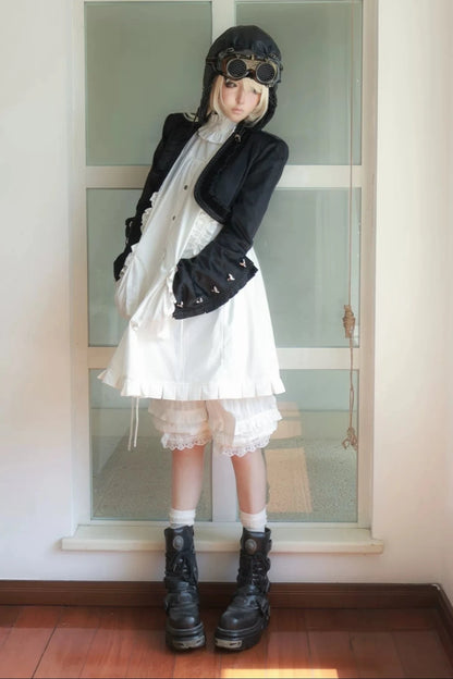 【11月6日予約締切】White/Black Gothic Lolita Drawstring Frill Strap Doll Dress