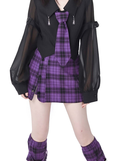 College Style Foodie Suit Jacket + Shirt + Checked Skirt + Leg Warmers