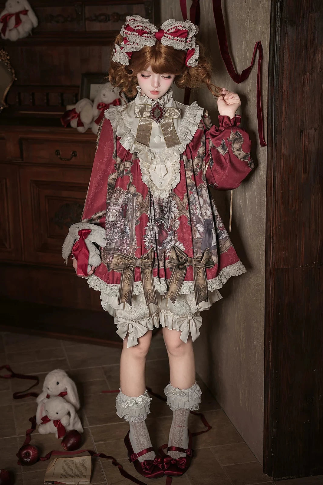 【11月3日予約締切】Antique Bow Burgundy Rabbit Print Frill Doll Dress + Shorts Set