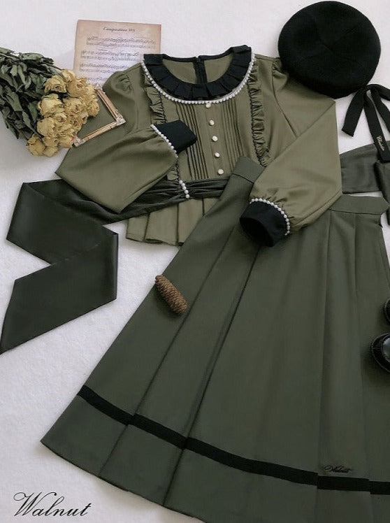 Mist Note Moss Green Suit Vintage Pearl Color Ruffle Top + Skirt + Pearl Waist Belt Ribbon