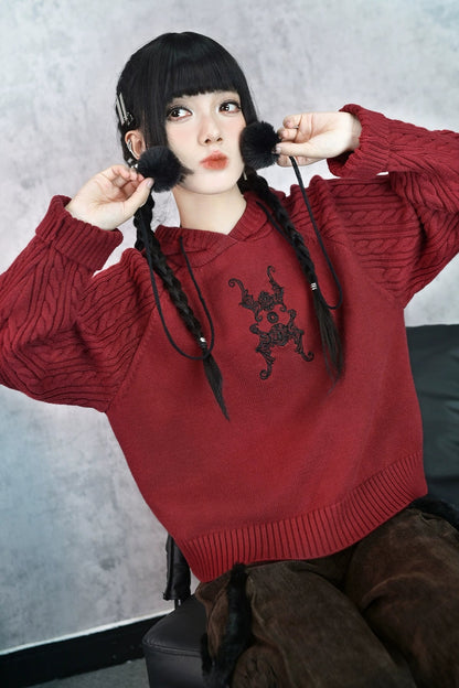 フーバットダークレッドニットフードパーカー