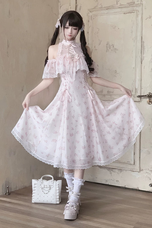 [Reservierungsfrist 15. Juni] Rosa langes Kleid mit Blumenmuster, Chiffonspitze, Schmuckstein-Schleife und freien Schultern