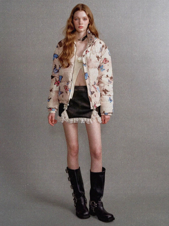 Butterfly Print Short White Duck Down Jacket