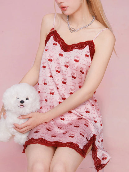 GirlyFancyClub Cherry Pie's 夏季少女印花缎面连衣裙蕾丝滑睡裙