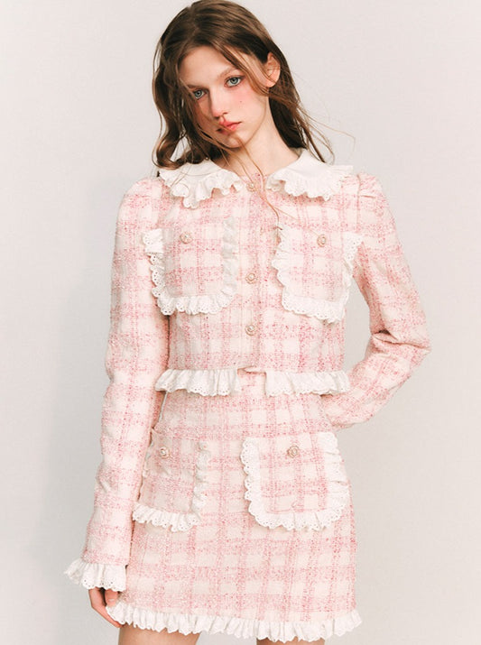 Peach Ruffle Check Jacket + Check Ruffle Tight Skirt