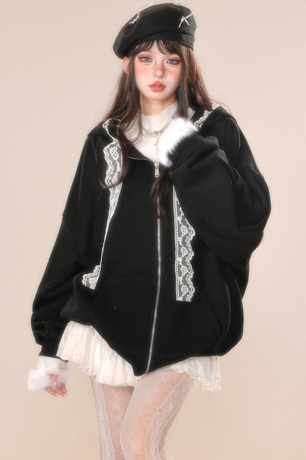 レースフーディースウェットシャツジャケット
