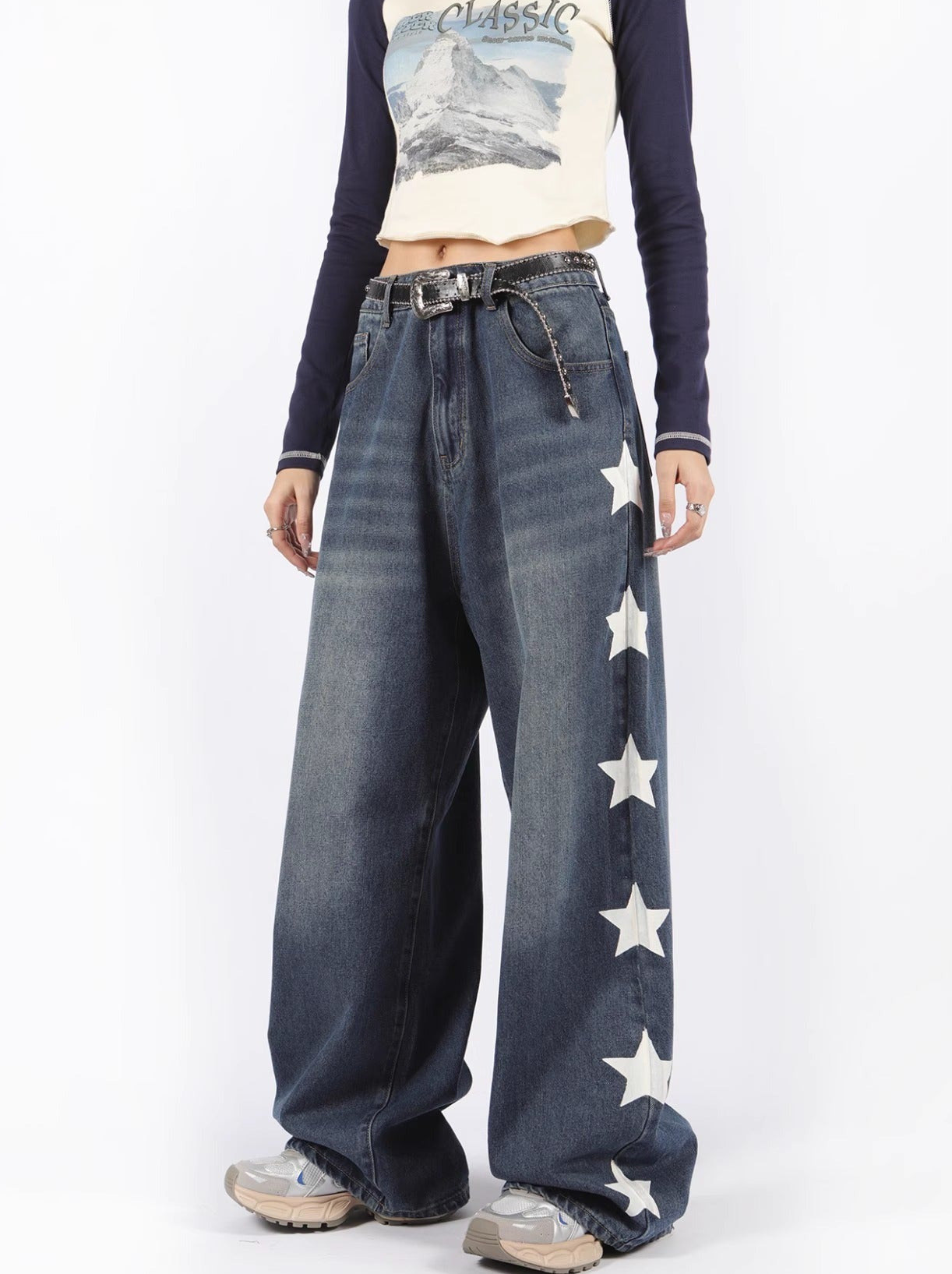 Star Print High Street Retro Rooswide Leg Jeans