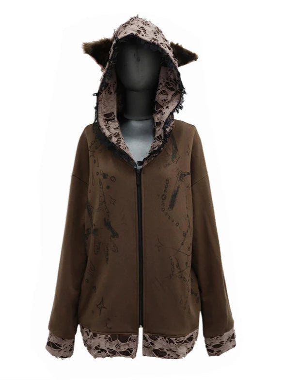 Cat Ear Hood Hole Dark Print Sweat Zip Hoodie