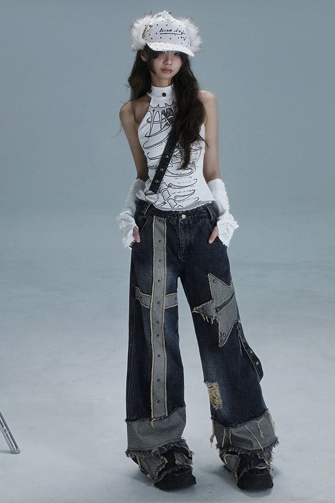 ローライズワイドレッグウォッシュデニムパンツ