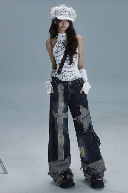 ローライズワイドレッグウォッシュデニムパンツ