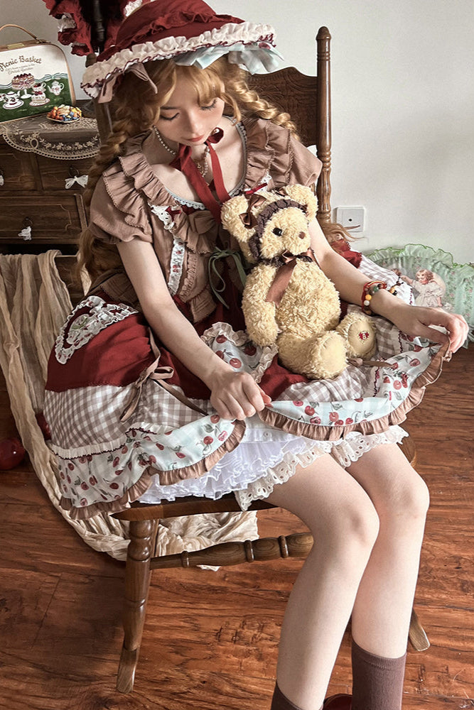 Retro Doll Cherry Check Lolita Dress