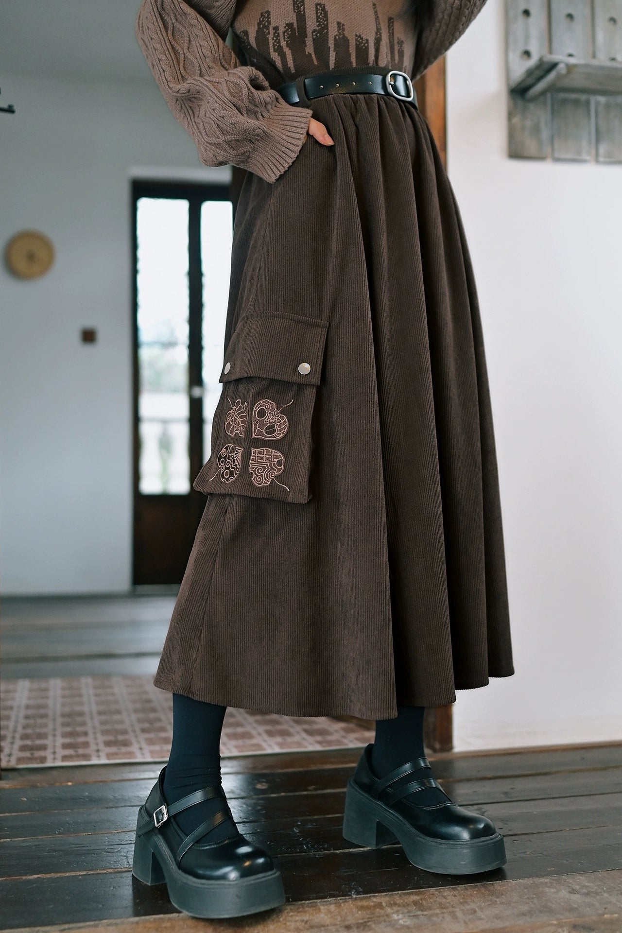 2 new products 81% off "Reincarnation" brown corduroy skirt drape slimming national style embroidered A-line skirt