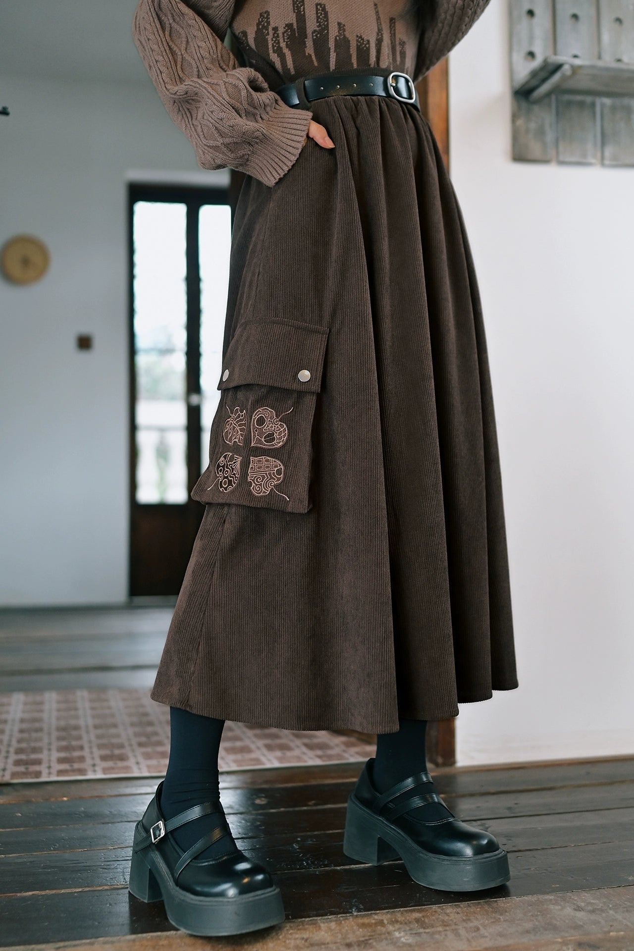 2 new products 81% off "Reincarnation" brown corduroy skirt drape slimming national style embroidered A-line skirt