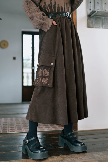 2 new products 81% off "Reincarnation" brown corduroy skirt drape slimming national style embroidered A-line skirt