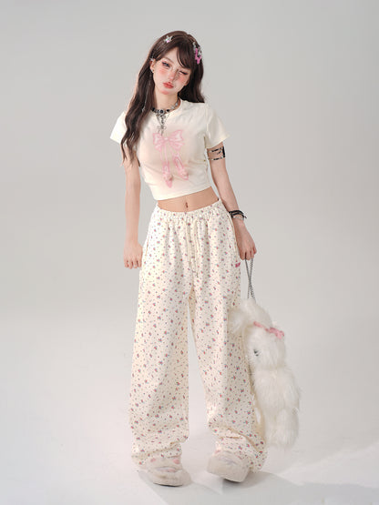 Cheese Gray Little Floral Wide Loose Casual Pants