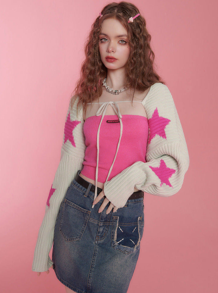 Pink tube top + star knit cardigan