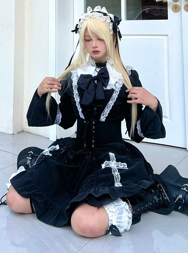 Cross Lace Corduroy Girdle Waist Ribbon Dress [Pre-order item].