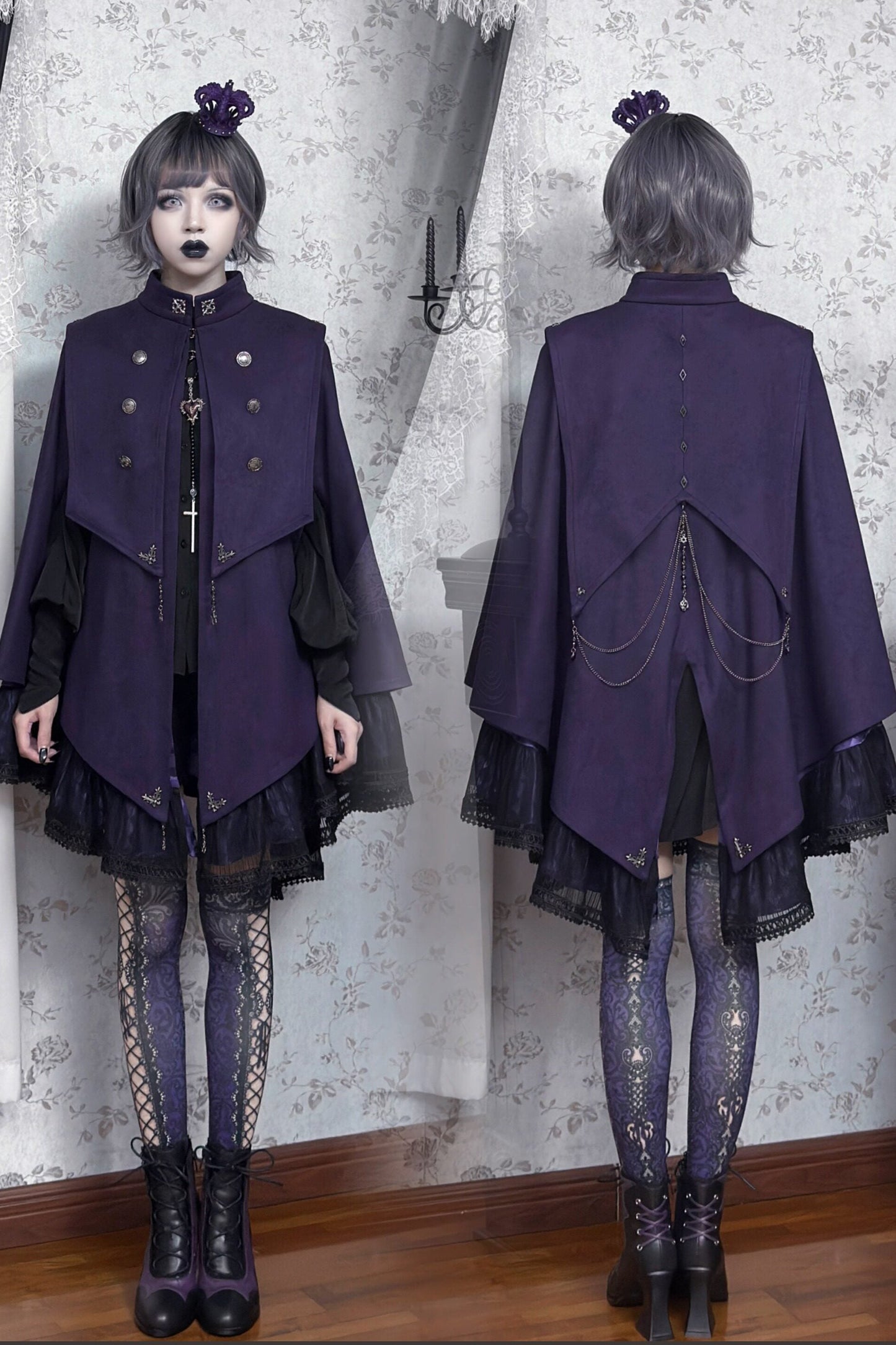 【9月5日予約締切】Dark Purple Gothic Chain Layered Lace Cape Coat(Short Length/Long Length)