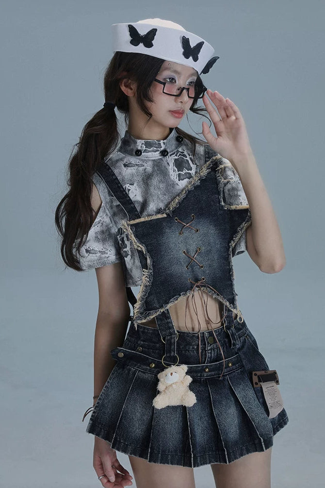 Y2Kスターデニムオーバーオールスカート+インナートップス