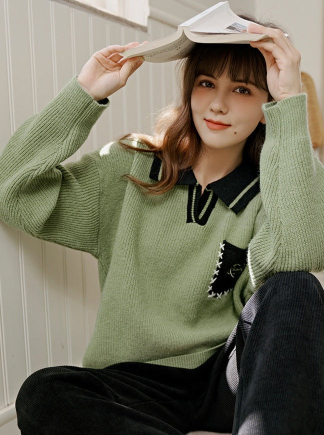 Polo collar pocket design knit top