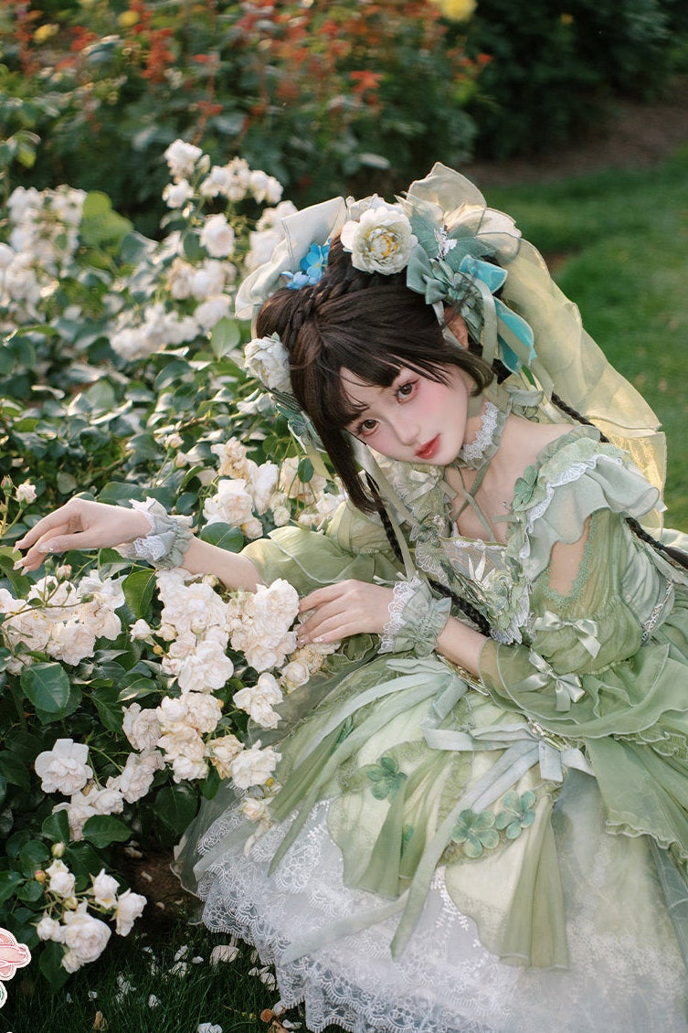 [Scadenza prenotazione 28 giugno] Accessori della serie sweet lolita floreale rosa x verde/rosso/viola/verde (choker, copricapo con velo floreale, fermagli per capelli, polsini da polso)