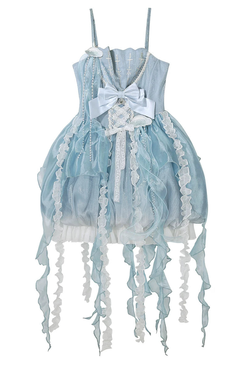 [Pre-order Deadline: September 5] Blue Fantasy Jellyfish Bow Ruffle Suspender Bubble Dress with Asymmetrical Hem+Puff Sleeves with Arm Sleeves