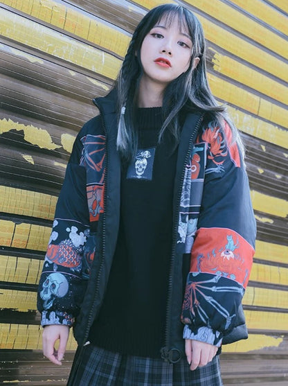 Dark Printed Stand Collar Cotton Down Jacket