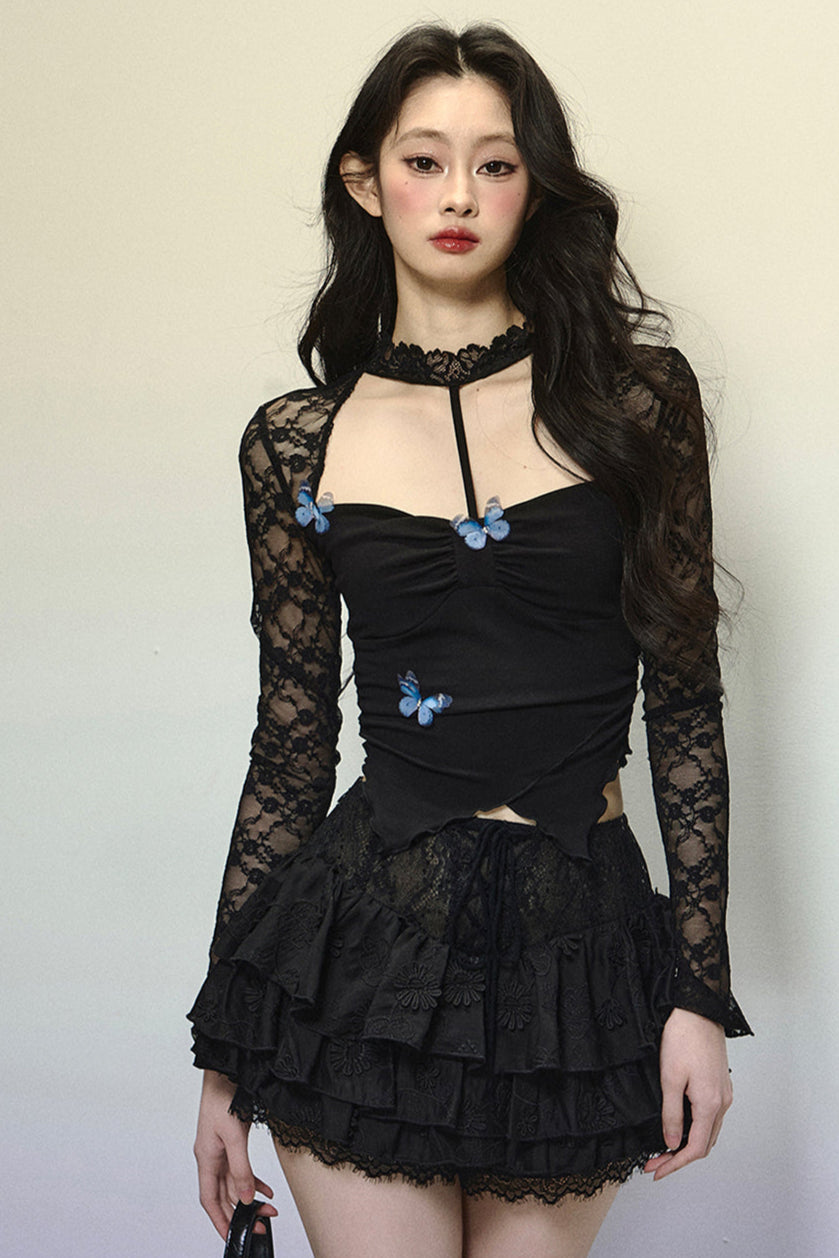 Butterfly Open Neck Lace Top