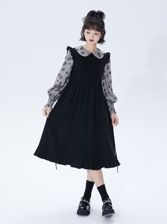 Black Splicing Faux Two Piece Doll Collar Middle Dress