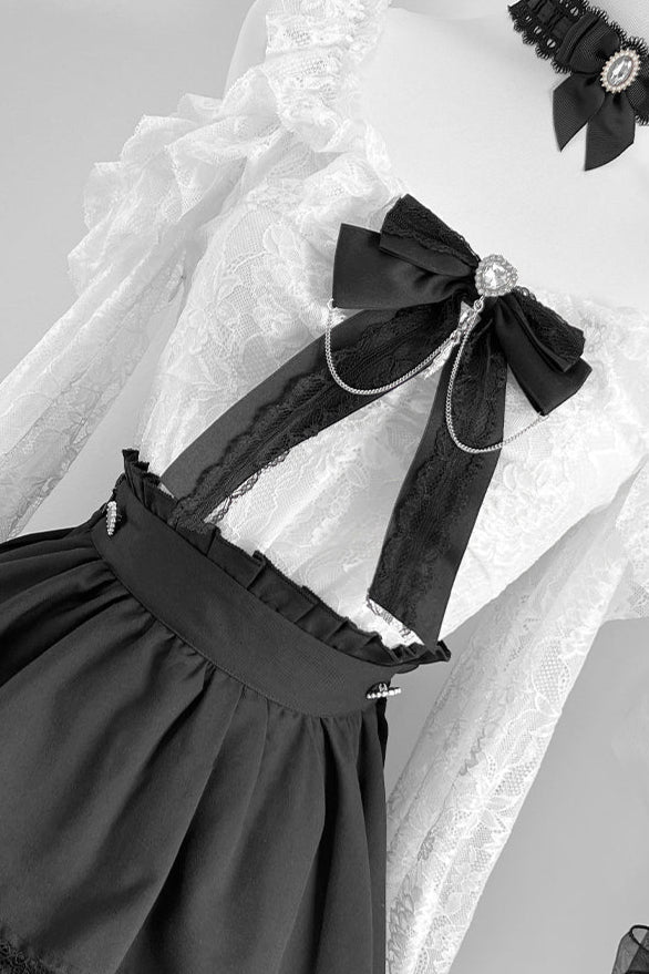 地雷インナーシャツレースリボンノースリーブシャツ+ケーキスカート