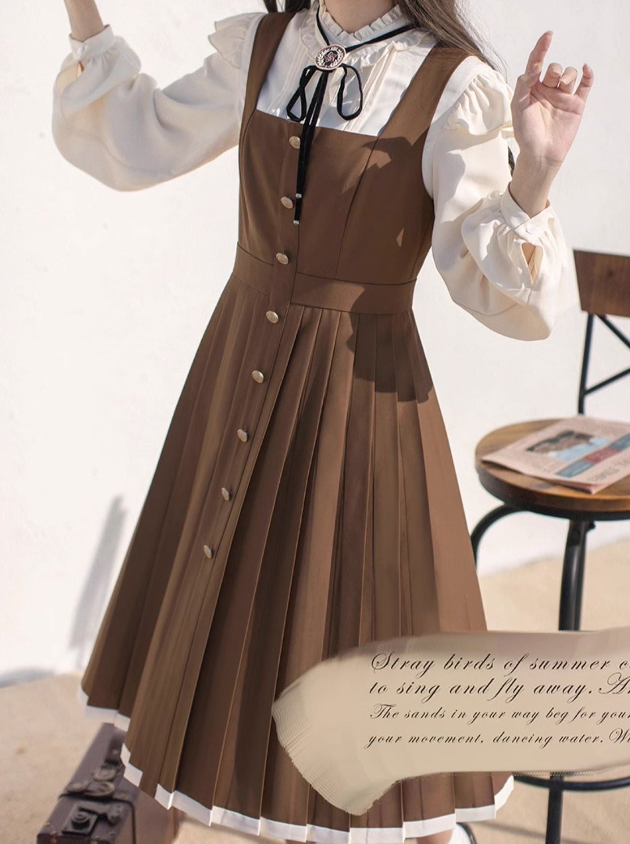 College retro stand collar ruffle shirt + pleated suspender dress + ribbon accessories