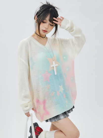 Tie-Dye Star V-Neck Over Sweater