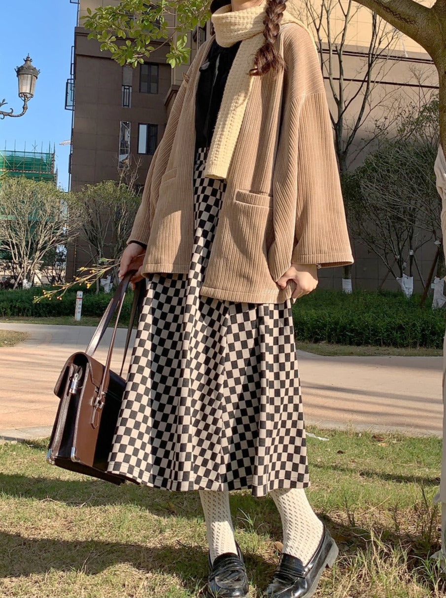 cherry note Showa retro feather jacket + chiffon ribbon shirt + checkered skirt + dark gray skirt + brooch