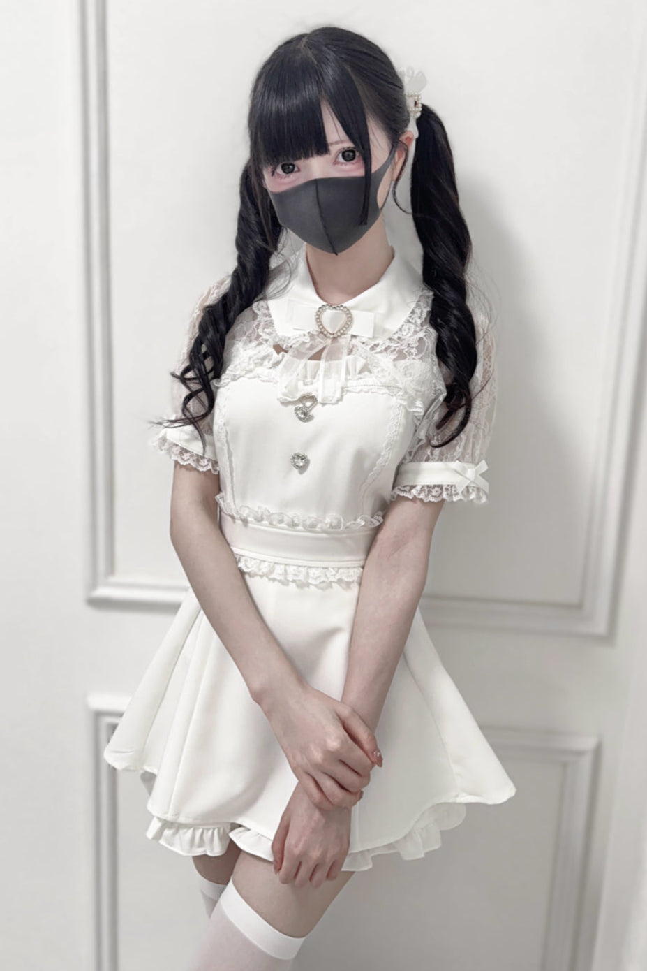 レースショールリボンシャツカラートップス＋ショートパンツ