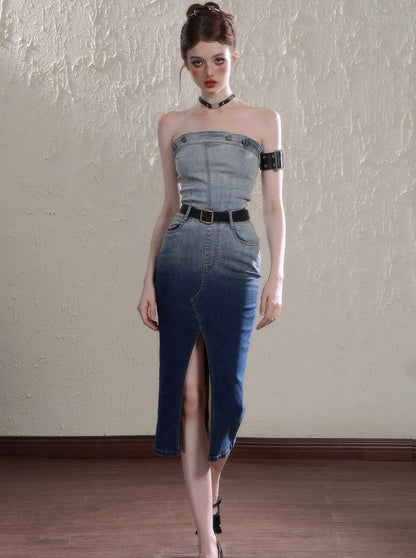 Tube Top Mid Length Summer Denim Dress