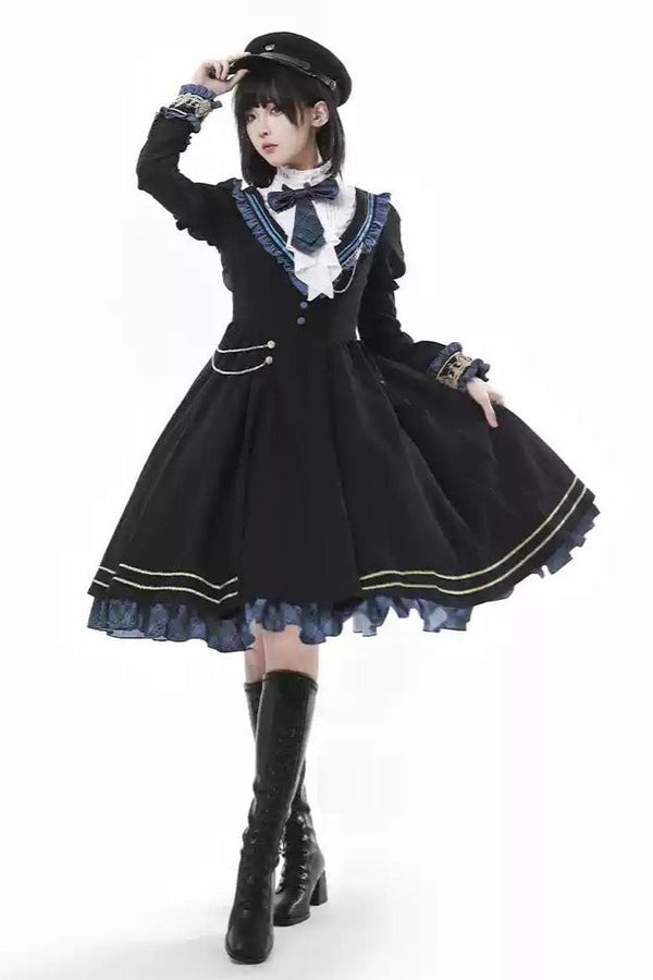【予約商品】カレッジスタイルダークエレガントミリタリーセーラードレス＋アシメデザインマント
