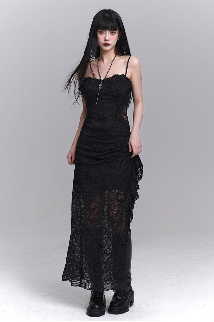 Dark Lace Slit Suspended Dress