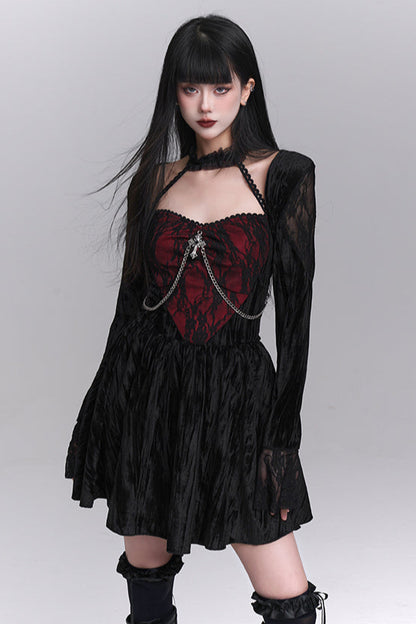 Gothic Style Open Neck Dress + Short Cardigan