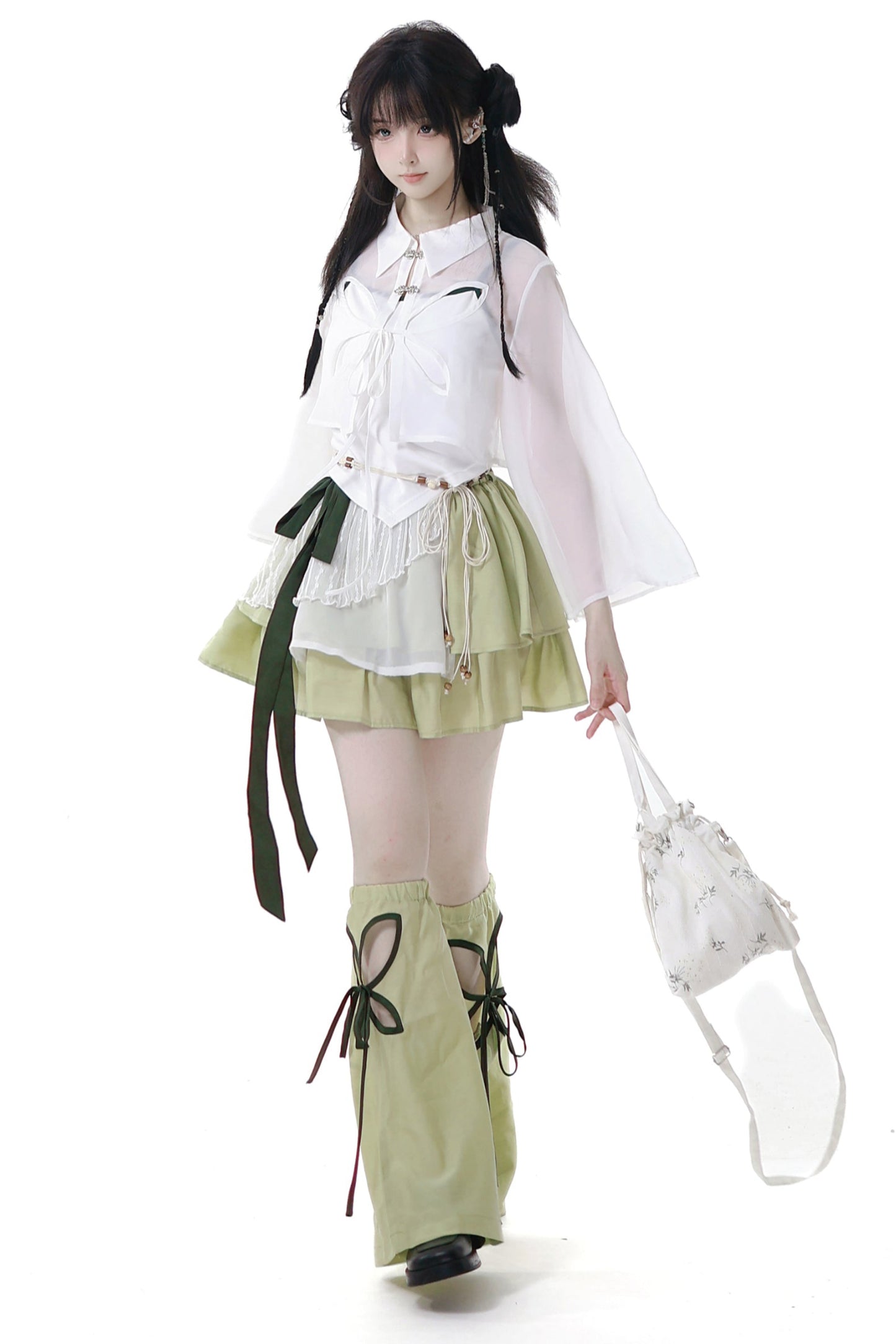 シフォンチャイナシャツ＋キャミソール＋ショートスカート＋ロングスカート＋レッグウォーマー