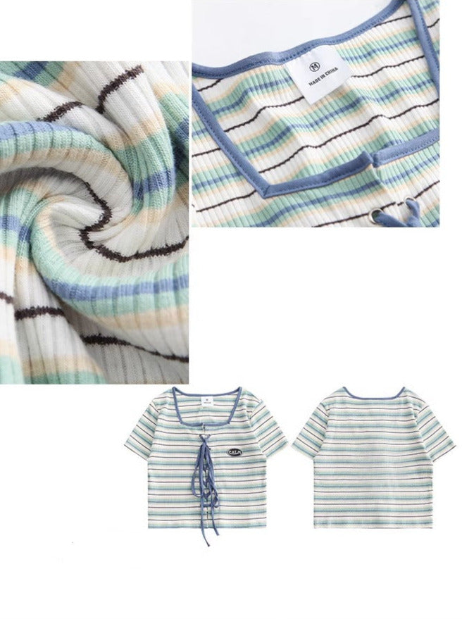 Korean Style Striped Stitch Strap T-Shirt