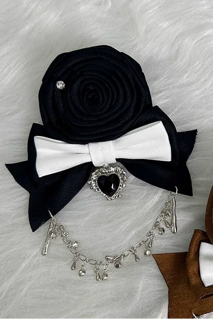【10月3日予約締切】Black/White Elegant Gothic Series Accessories(Black Butterfly Print Striped Ribbon Hat, Black Rose Ribbon Brooch, Ribbon KC, Hair Clip Pair, Bonnet)