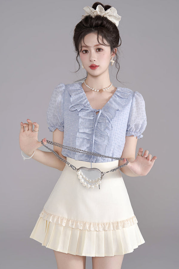 French V-Neck Ruffle Blouse + Ruffle Skirt