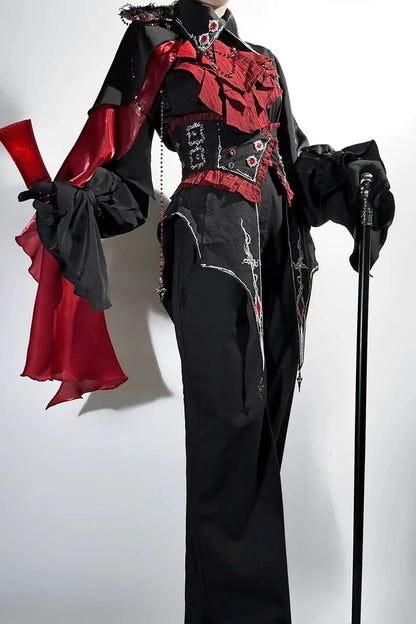 【10月8日予約締切】Ouji Fashion Black Red Gothic Ruffle Prince Lolita Full Set(Jewel Chain Ruffle Jabot Shirt + Rose Accessory Gothic Embroidered Corset Belt + Black Wide-Leg Pants + Rose Beaded One-Shoulder Cape)