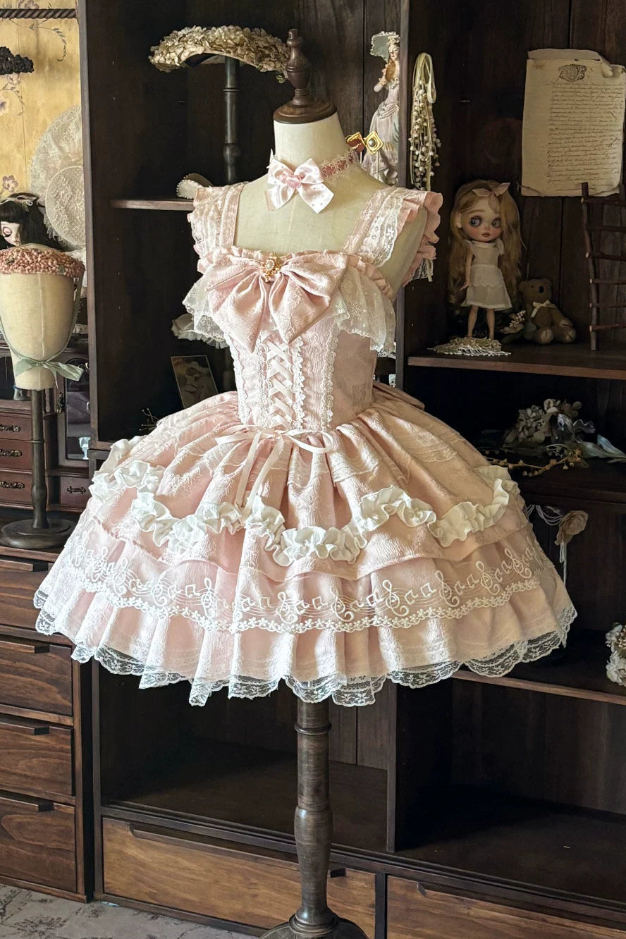 【予約商品】ピンク/パステル ジー・クレフメロディエンブロイダリーバレエコアロリータコルセットドレス