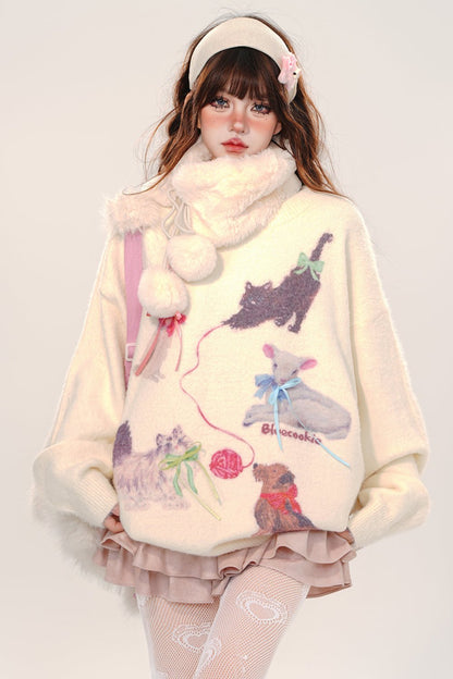 Cat and Dog Party Loose Sweater