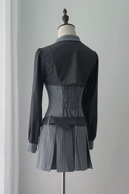 【8月30日予約締切】Gray pinstripe tie-collar long-sleeve short jacket with belt JKS dress 4-piece full set