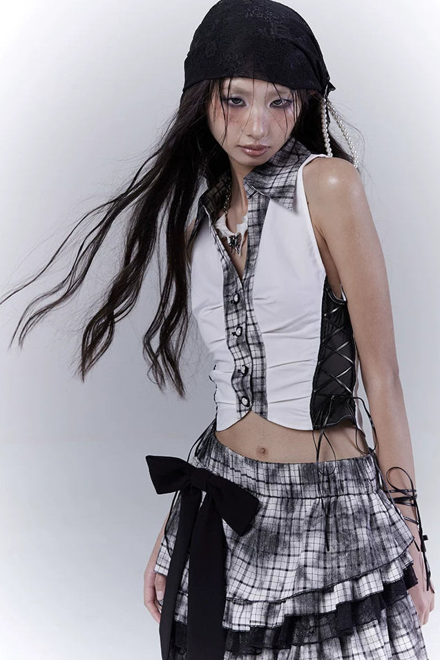 Y2Kダークパッチワークベストトップス
