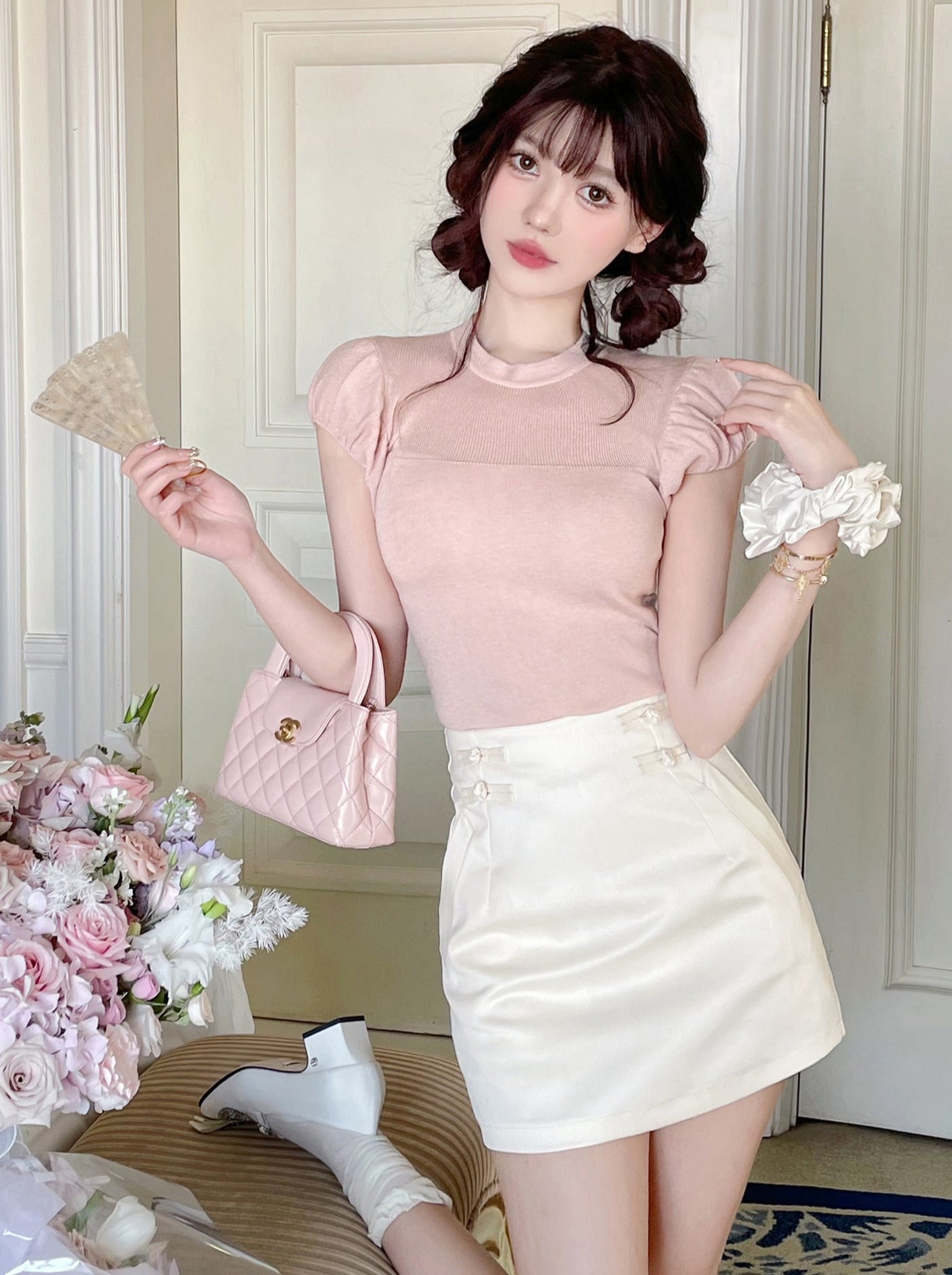 Sweet Puff Sleeve Top + Tight Skirt